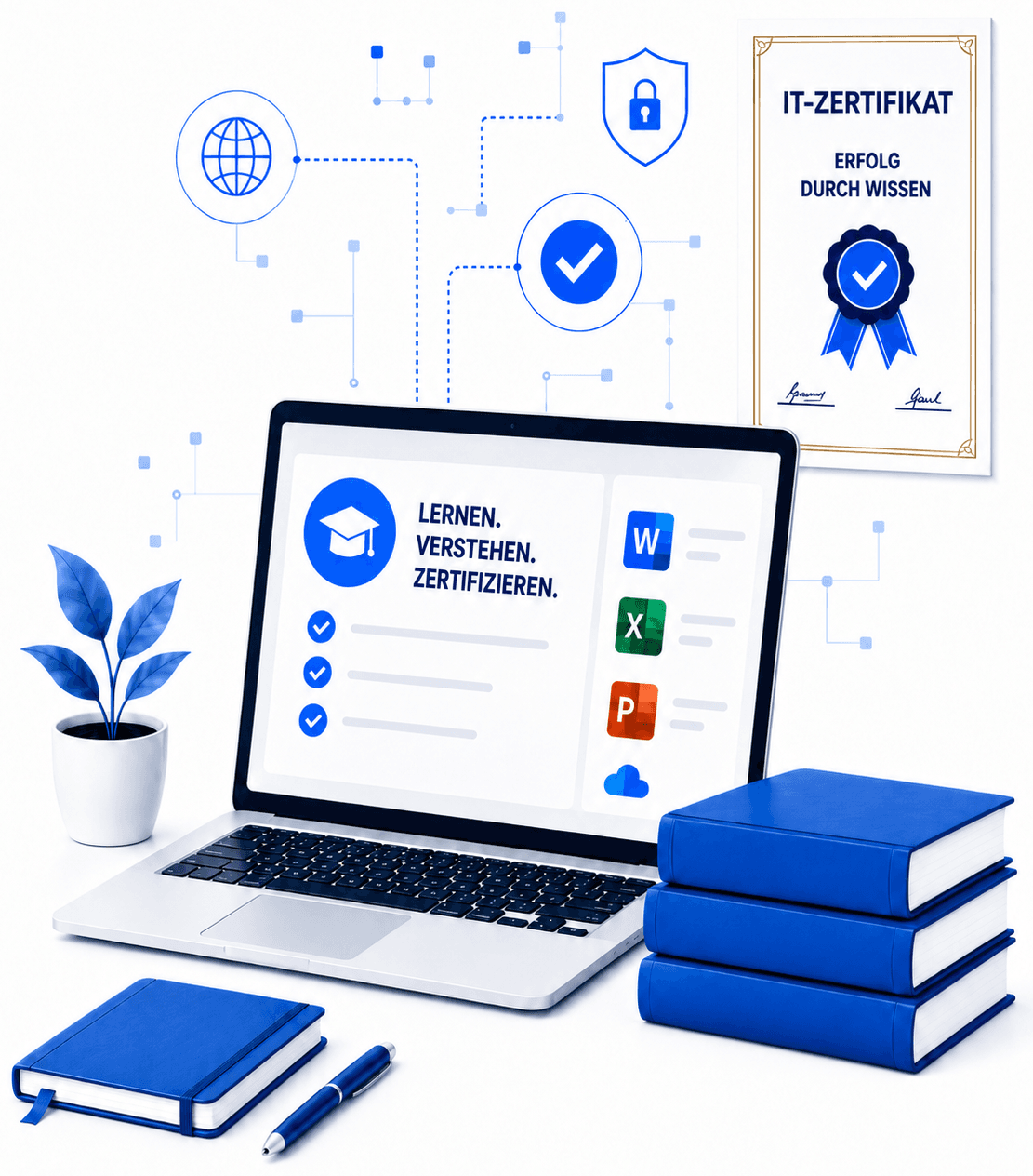 Laptop mit geöffnetem Textdokument, daneben eine Zertifikatsurkunde
